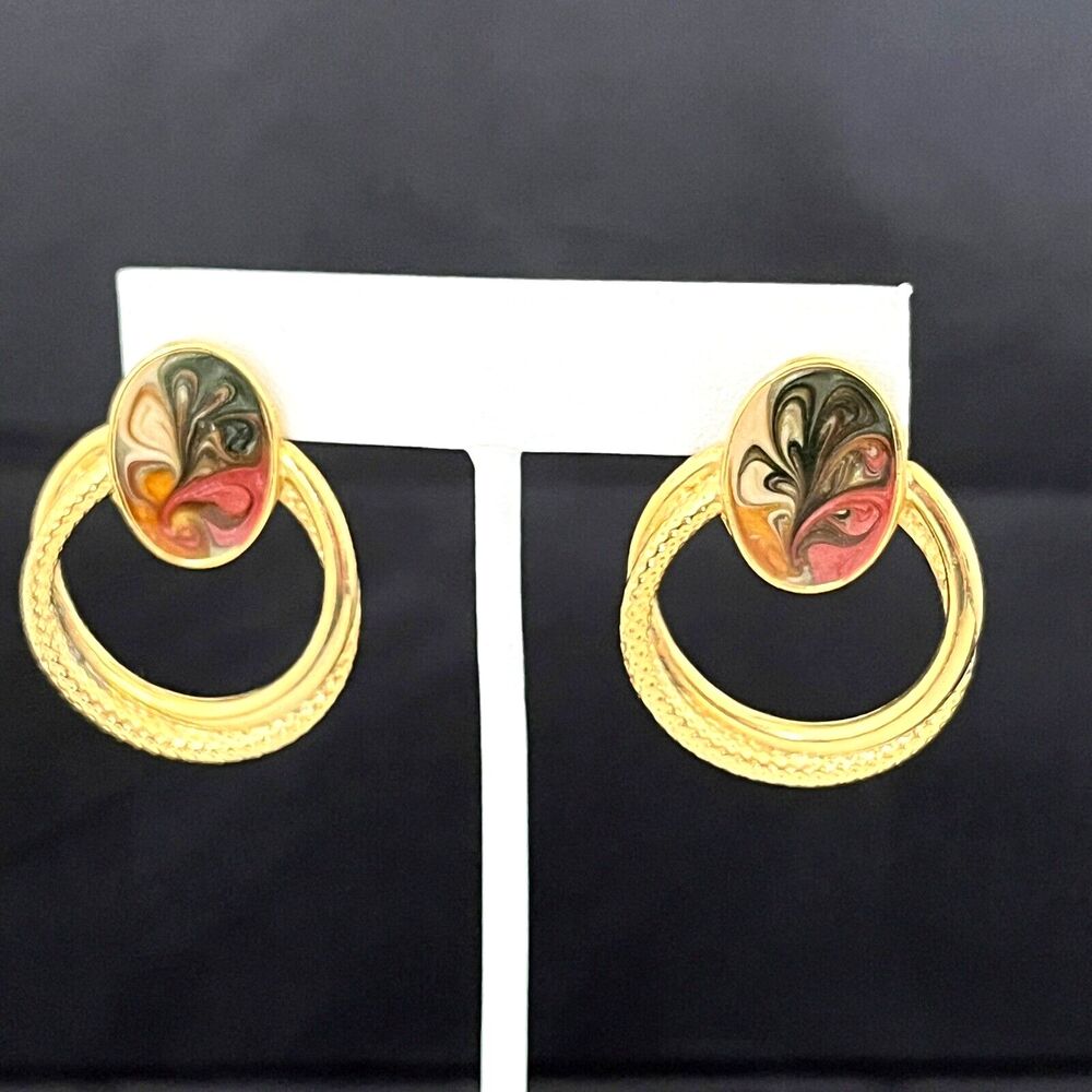 Vintage 1980s Gold Tone Earrings Knocker Style Hand Applied Shimmer Enamel - 3HD